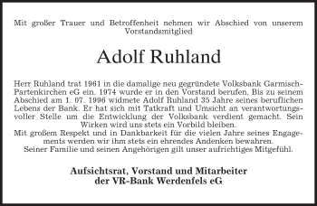 Traueranzeige von Adolf Ruhland von merkurtz