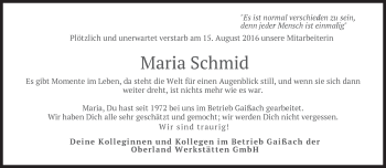 Traueranzeige von Maria Schmid von merkurtz