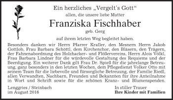 Traueranzeige von Franziska Fischhaber von merkurtz