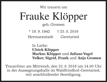 Traueranzeige von Frauke Klöpper von merkurtz