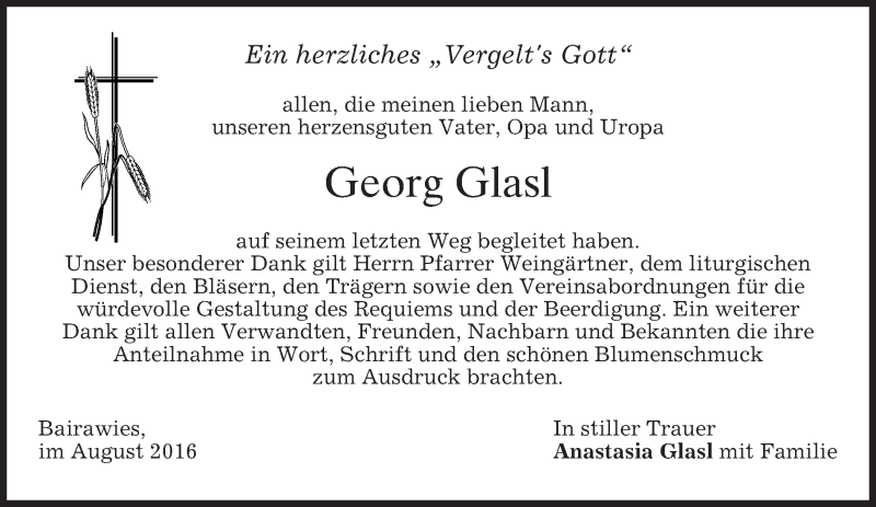  Traueranzeige für Georg Glasl vom 03.08.2016 aus merkurtz