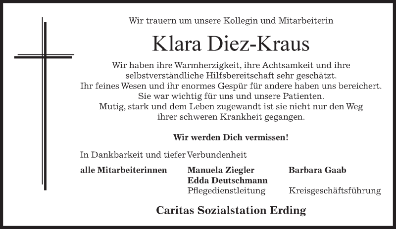  Traueranzeige für Klara Diez-Kraus vom 18.08.2016 aus merkurtz