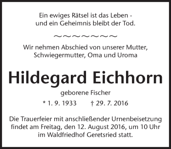 Traueranzeige von Hildegard Eichhorn von merkurtz