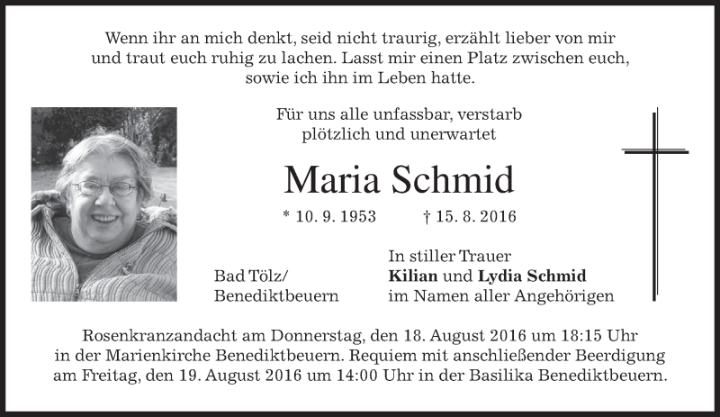  Traueranzeige für Maria Schmid vom 17.08.2016 aus merkurtz