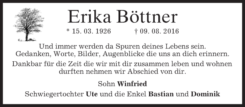  Traueranzeige für Erika Böttner vom 13.08.2016 aus merkurtz