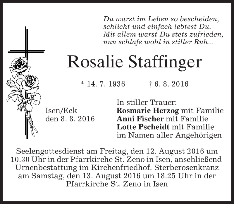  Traueranzeige für Rosalie Staffinger vom 10.08.2016 aus merkurtz