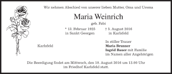 Traueranzeige von Maria Weinrich von merkurtz