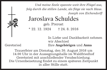 Traueranzeige von Jaroslava Schuldes von merkurtz