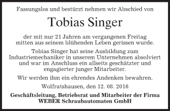 Traueranzeige von Tobias Singer von merkurtz