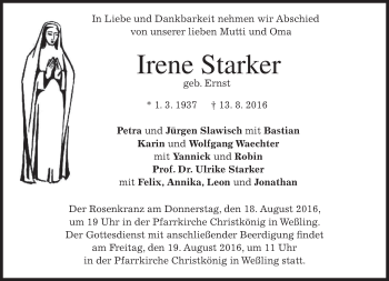 Traueranzeige von Irene Starker von merkurtz
