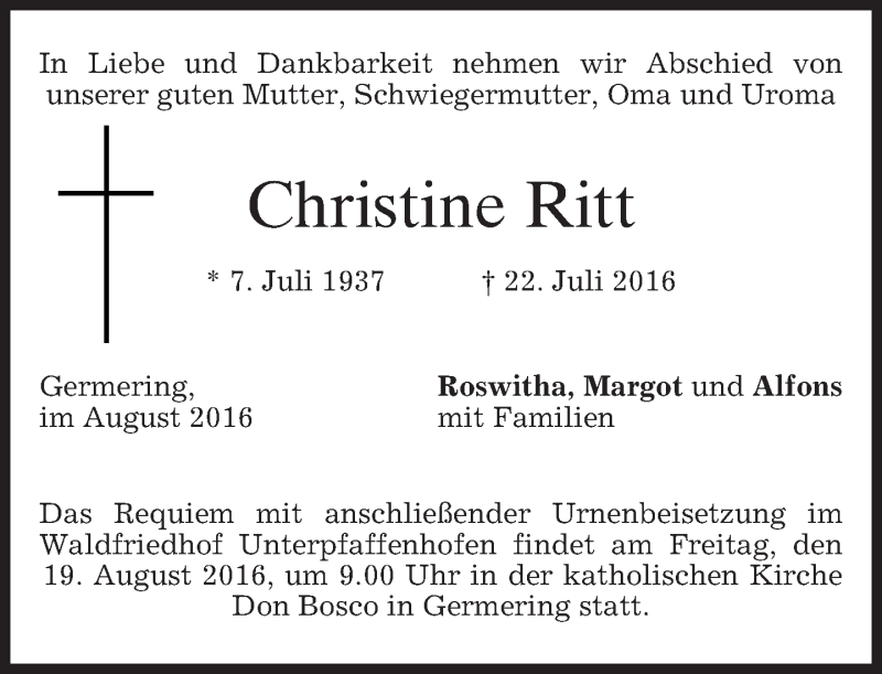  Traueranzeige für Christine Ritt vom 06.08.2016 aus merkurtz