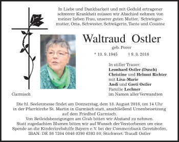 Traueranzeige von Waltraud Ostler von merkurtz