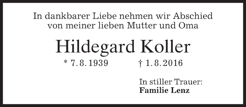  Traueranzeige für Hildegard Koller vom 06.08.2016 aus merkurtz