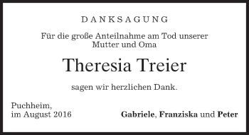 Traueranzeige von Theresia Treier von merkurtz