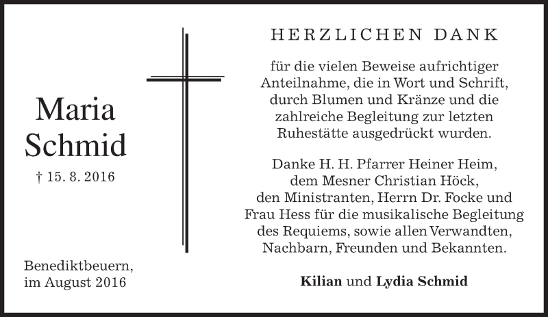  Traueranzeige für Maria Schmid vom 27.08.2016 aus merkurtz