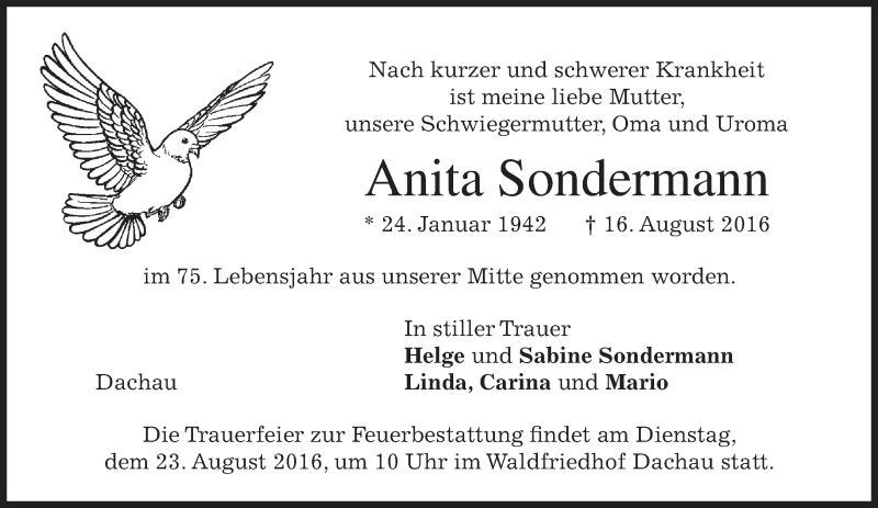  Traueranzeige für Anita Sondermann vom 20.08.2016 aus merkurtz