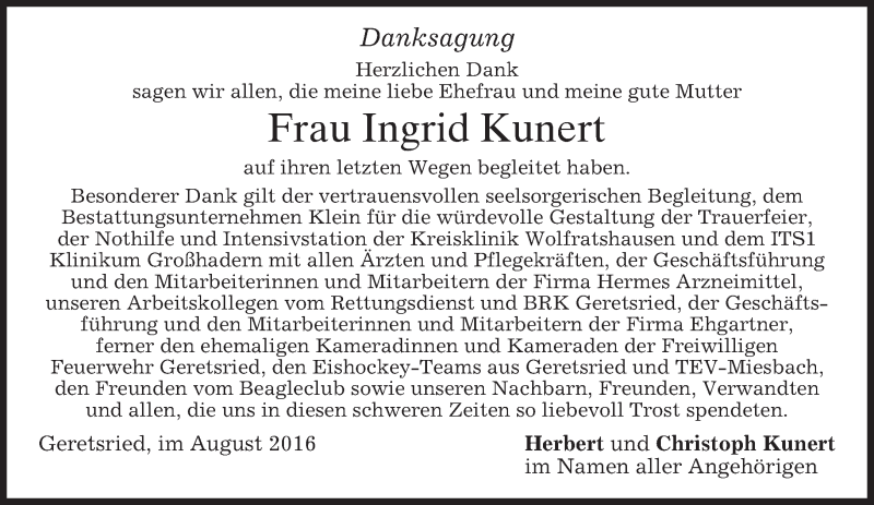  Traueranzeige für Ingrid Kunert vom 06.08.2016 aus merkurtz