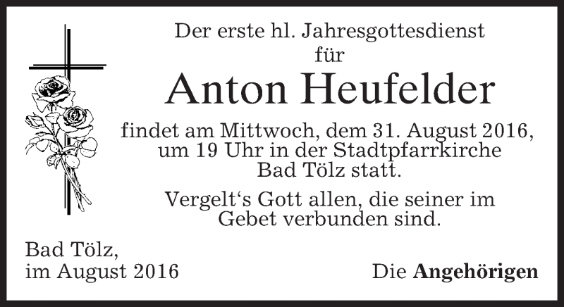  Traueranzeige für Anton Heufelder vom 29.08.2016 aus merkurtz