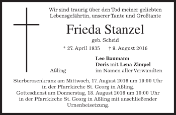 Traueranzeige von Frieda Stanzel von merkurtz