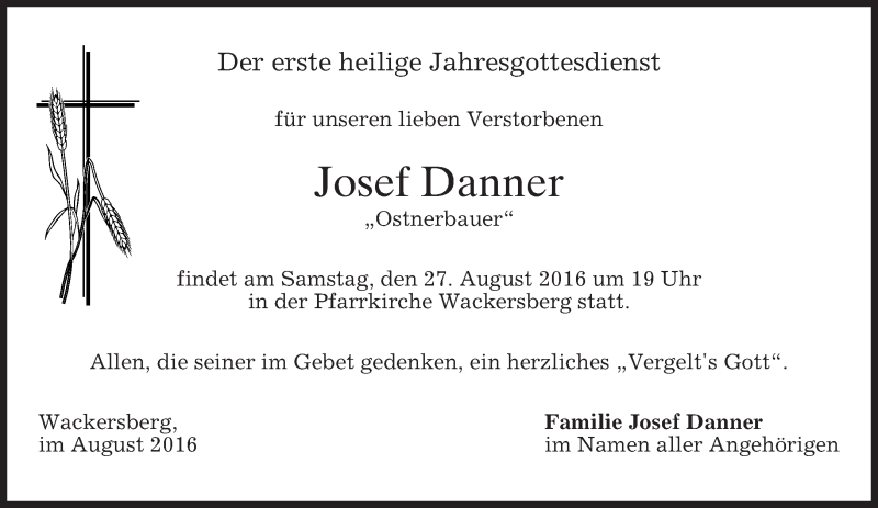  Traueranzeige für Josef Danner vom 24.08.2016 aus merkurtz