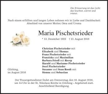 Traueranzeige von Maria Pischetsrieder von merkurtz