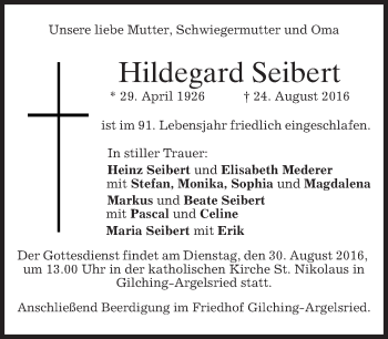 Traueranzeige von Hildegard Seibert von merkurtz