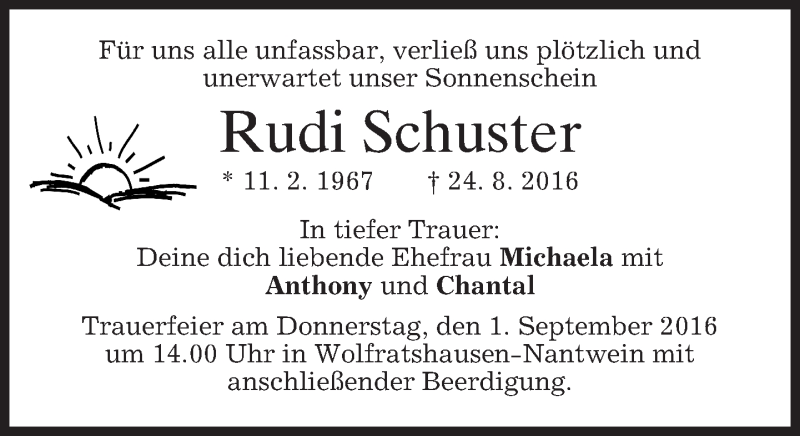  Traueranzeige für Rudi Schuster vom 30.08.2016 aus merkurtz