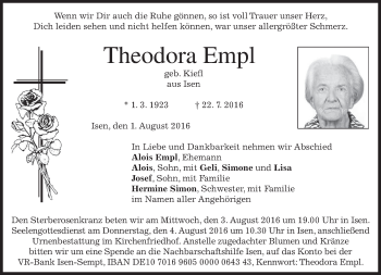 Traueranzeige von Theodora Empl von merkurtz