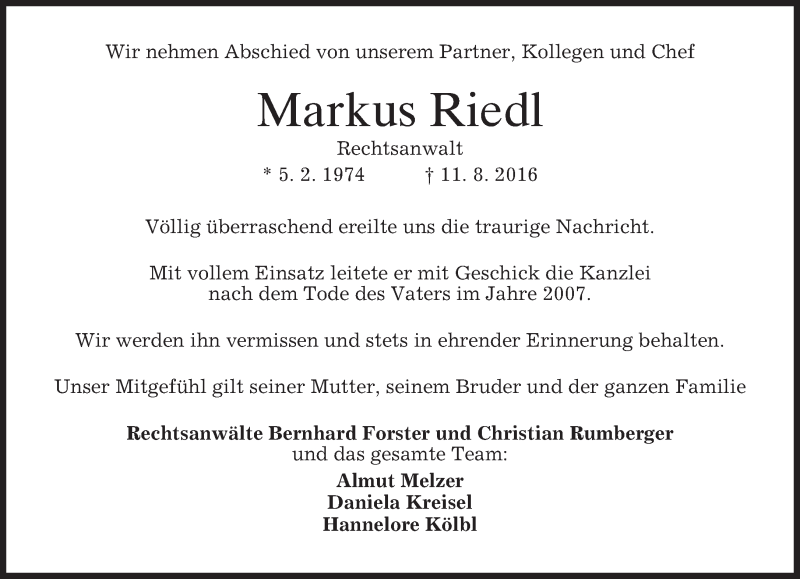  Traueranzeige für Markus Riedl vom 18.08.2016 aus merkurtz