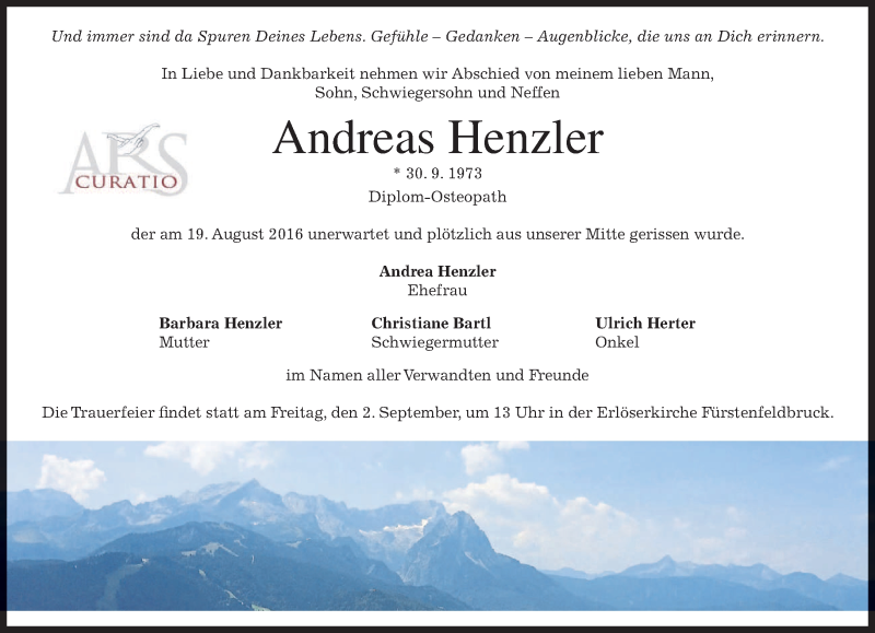  Traueranzeige für Andreas Henzler vom 27.08.2016 aus merkurtz