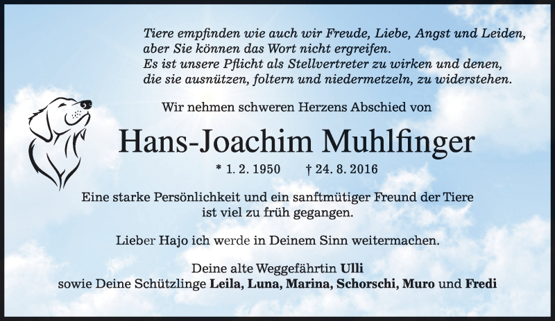  Traueranzeige für Hans-Joachim Muhlfinger vom 27.08.2016 aus merkurtz