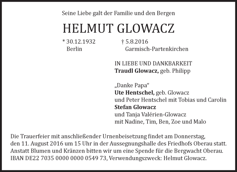  Traueranzeige für Helmut Glowacz vom 09.08.2016 aus merkurtz