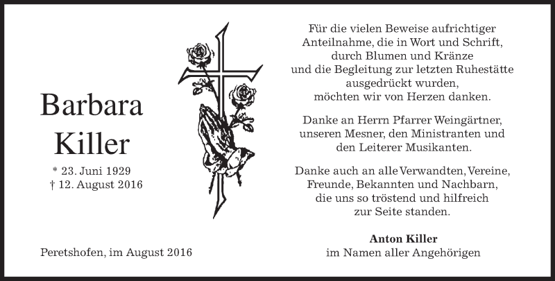  Traueranzeige für Barbara Killer vom 27.08.2016 aus merkurtz