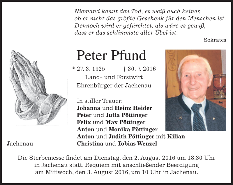  Traueranzeige für Peter Pfund vom 01.08.2016 aus merkurtz