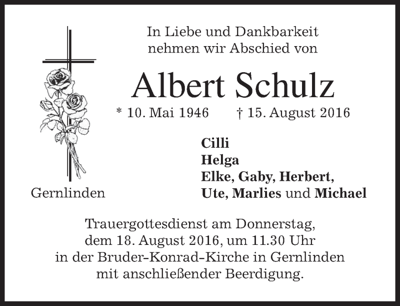  Traueranzeige für Albert Schulz vom 17.08.2016 aus merkurtz
