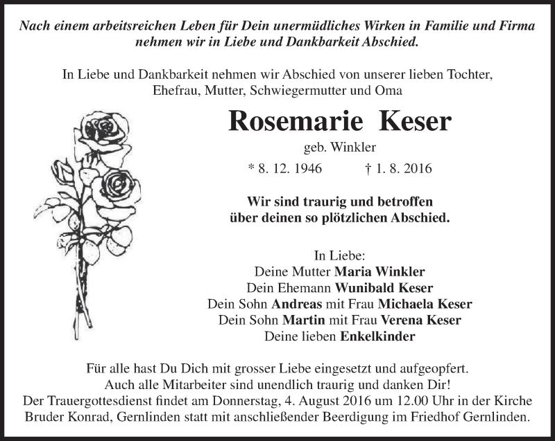  Traueranzeige für Rosemarie Keser vom 03.08.2016 aus merkurtz