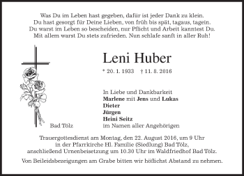 Traueranzeige von Leni Huber von merkurtz