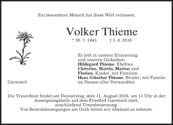Traueranzeige von Volker Thieme von merkurtz