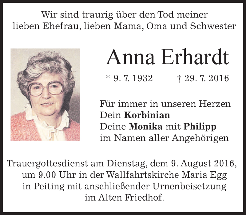 Traueranzeigen von Anna Erhardt | trauer.merkur.de