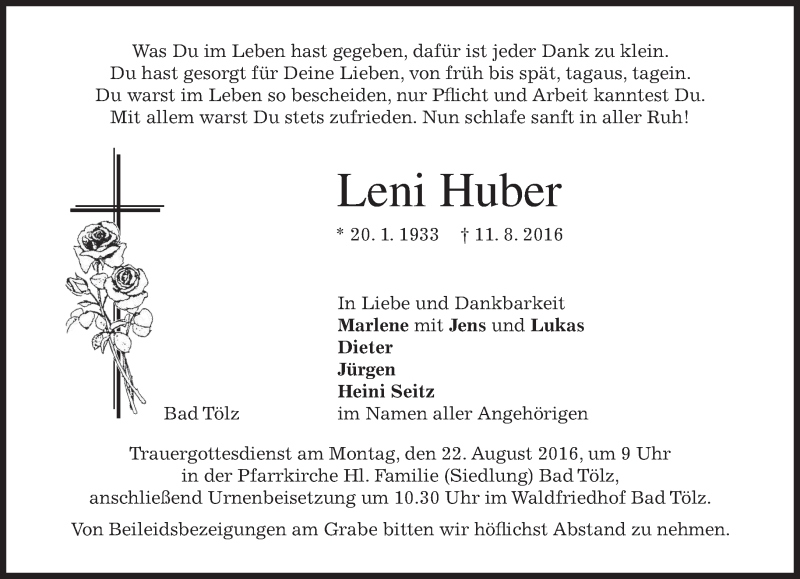  Traueranzeige für Leni Huber vom 19.08.2016 aus merkurtz