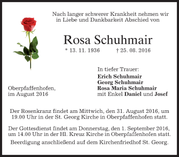 Traueranzeige von Rosa Schuhmair von merkurtz