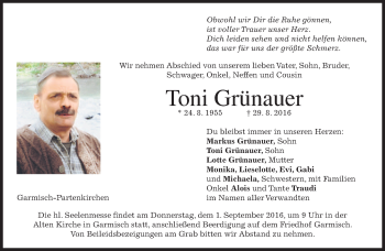 Traueranzeige von Toni Grünauer von merkurtz