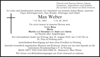 Traueranzeige von Max Weber von merkurtz