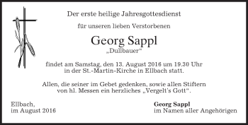 Traueranzeige von Georg Sappl von merkurtz