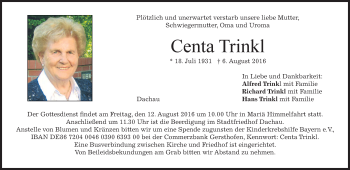 Traueranzeige von Centa Trinkl von merkurtz