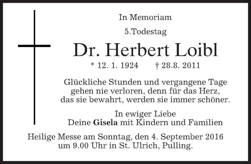  Traueranzeige für Herbert Loibl vom 27.08.2016 aus merkurtz