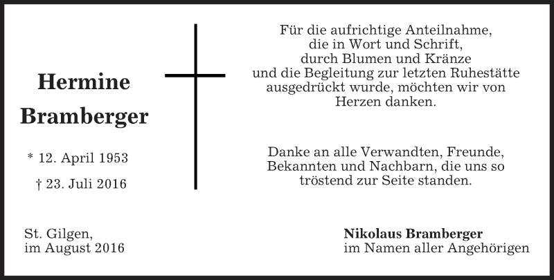  Traueranzeige für Hermine Bramberger vom 02.08.2016 aus merkurtz