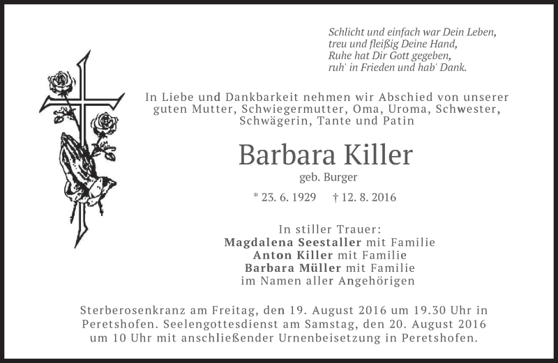  Traueranzeige für Barbara Killer vom 18.08.2016 aus merkurtz