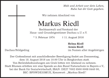 Traueranzeige von Markus Riedl von merkurtz