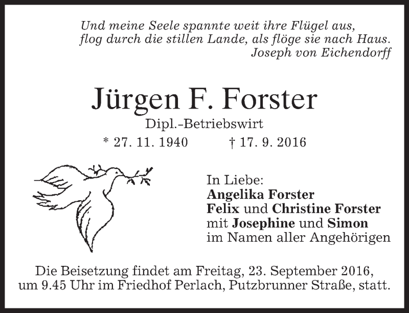 Traueranzeige für Jürgen F. Forster vom 20.09.2016 aus merkurtz
